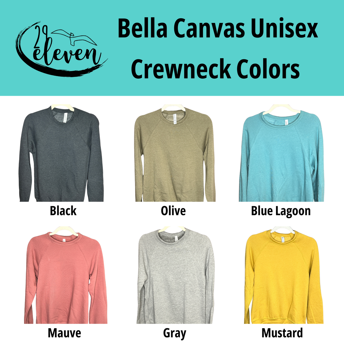 Front View. Bella Canvas Crewneck Color Options-29eleven | Women’s Fashion Boutique in Menan, Idaho