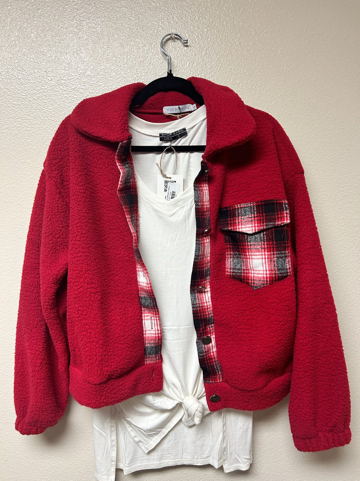 Front view. Burgundy Sherpa Jacket with Plaid Detail - 29eleven | Women’s Fashion Boutique in Menan, Idaho