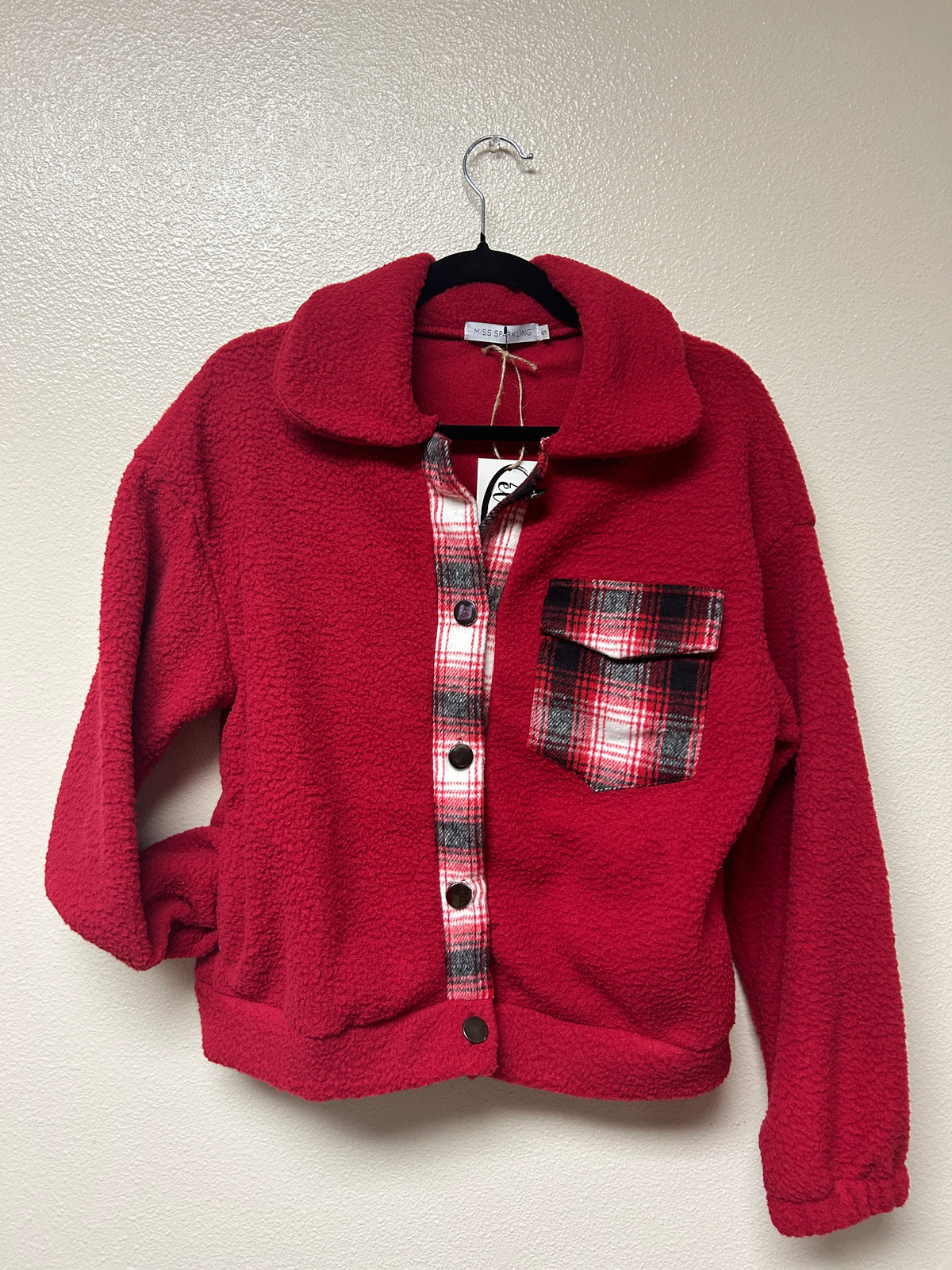 Front view. Burgundy Sherpa Jacket with Plaid Detail - 29eleven | Women’s Fashion Boutique in Menan, Idaho