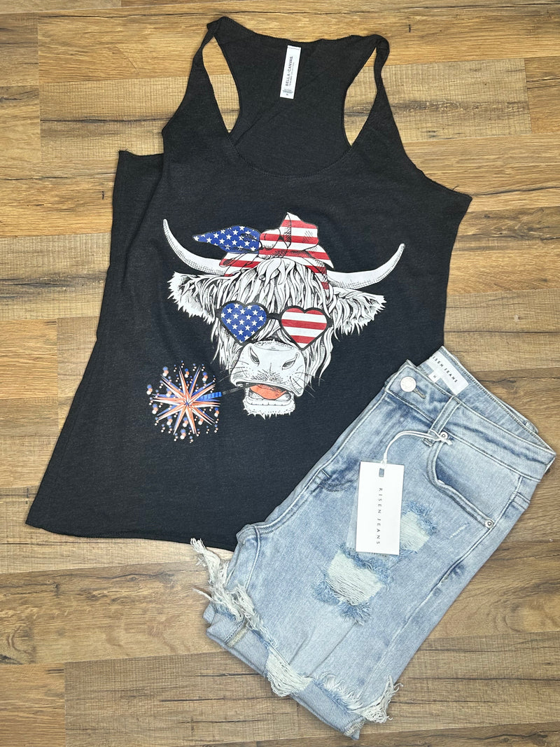 Flat Lay with Patriotic Cow Shirt. Risen High Rise Mid Thigh Shorts-29eleven | Women’s Fashion Boutique in Menan, Idaho