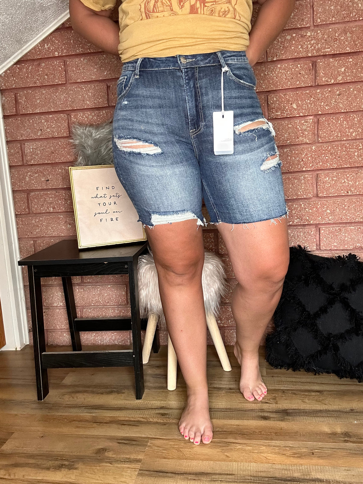 Front View Uncuffed. Risen High Rise Cuffed Shorts-29eleven | Women’s Fashion Boutique in Menan, Idaho