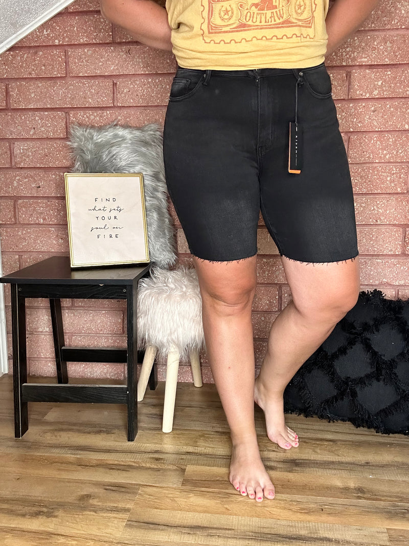 Front View. Risen High Rise Black Mid Thigh Shorts-29eleven | Women’s Fashion Boutique in Menan, Idaho