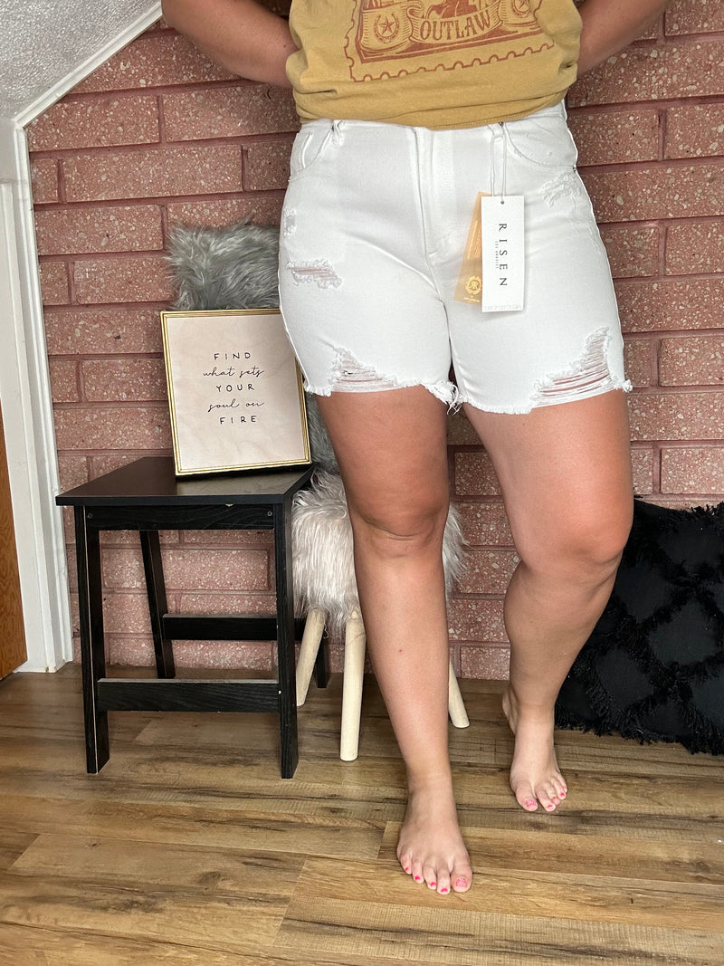 Front View. Risen High Rise White Mid Thigh Shorts-29eleven | Women’s Fashion Boutique in Menan, Idaho