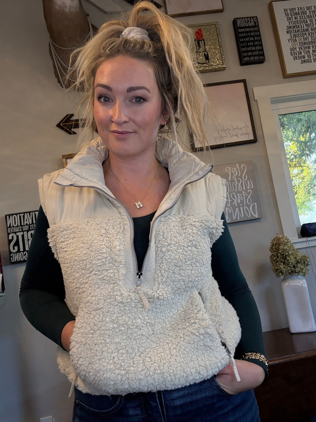 Front View.  Cream Half-Zip Sherpa Vest. 29eleven | Women’s Fashion Boutique in Menan, Idaho