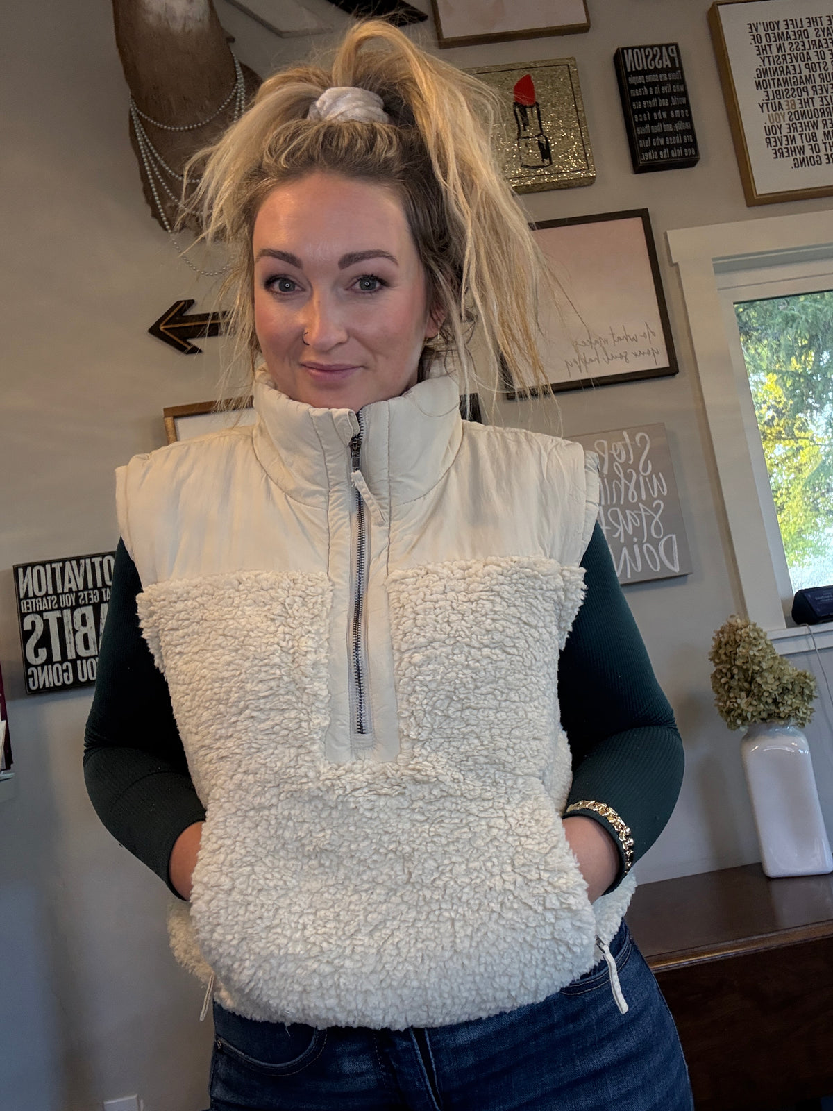 Front View.  Cream Half-Zip Sherpa Vest. 29eleven | Women’s Fashion Boutique in Menan, Idaho