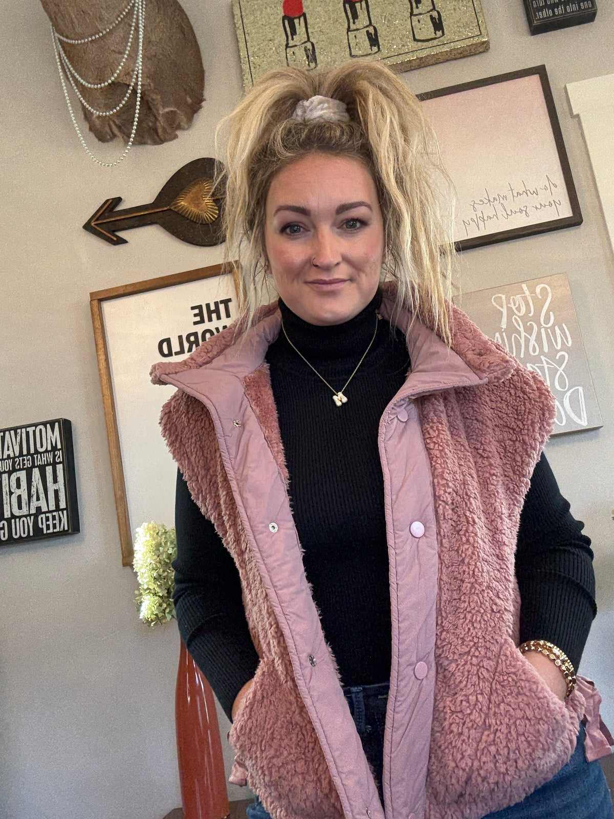 Front View.  Rose Sherpa Button Down Vest | 29eleven | Women’s Fashion Boutique in Menan, Idaho