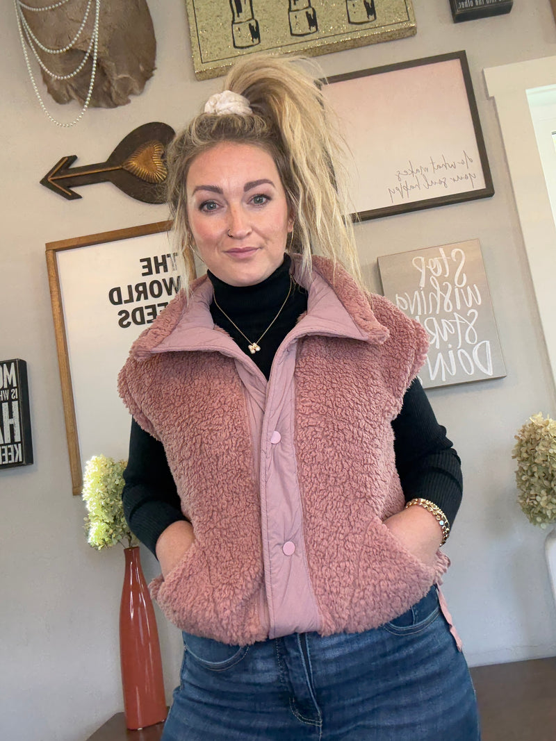Front View.  Rose Sherpa Button Down Vest | 29eleven | Women’s Fashion Boutique in Menan, Idaho