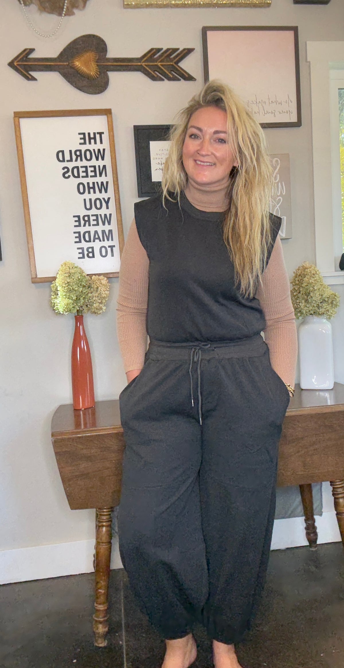 Front View.  Black Sleeveless Active Jumpsuit. 29eleven | Women’s Fashion Boutique in Menan, Idaho