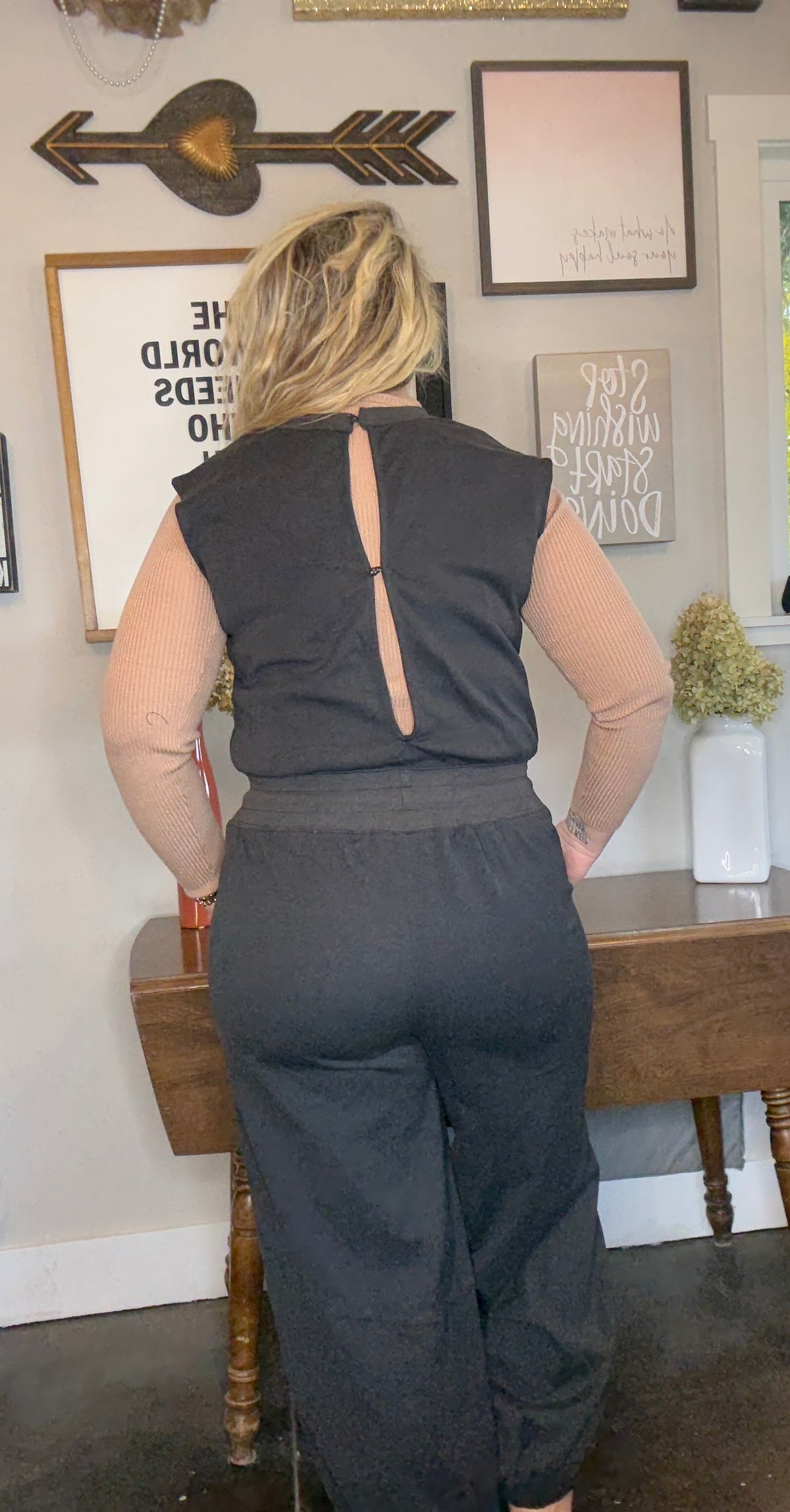 Back View.  Black Sleeveless Active Jumpsuit. 29eleven | Women’s Fashion Boutique in Menan, Idaho