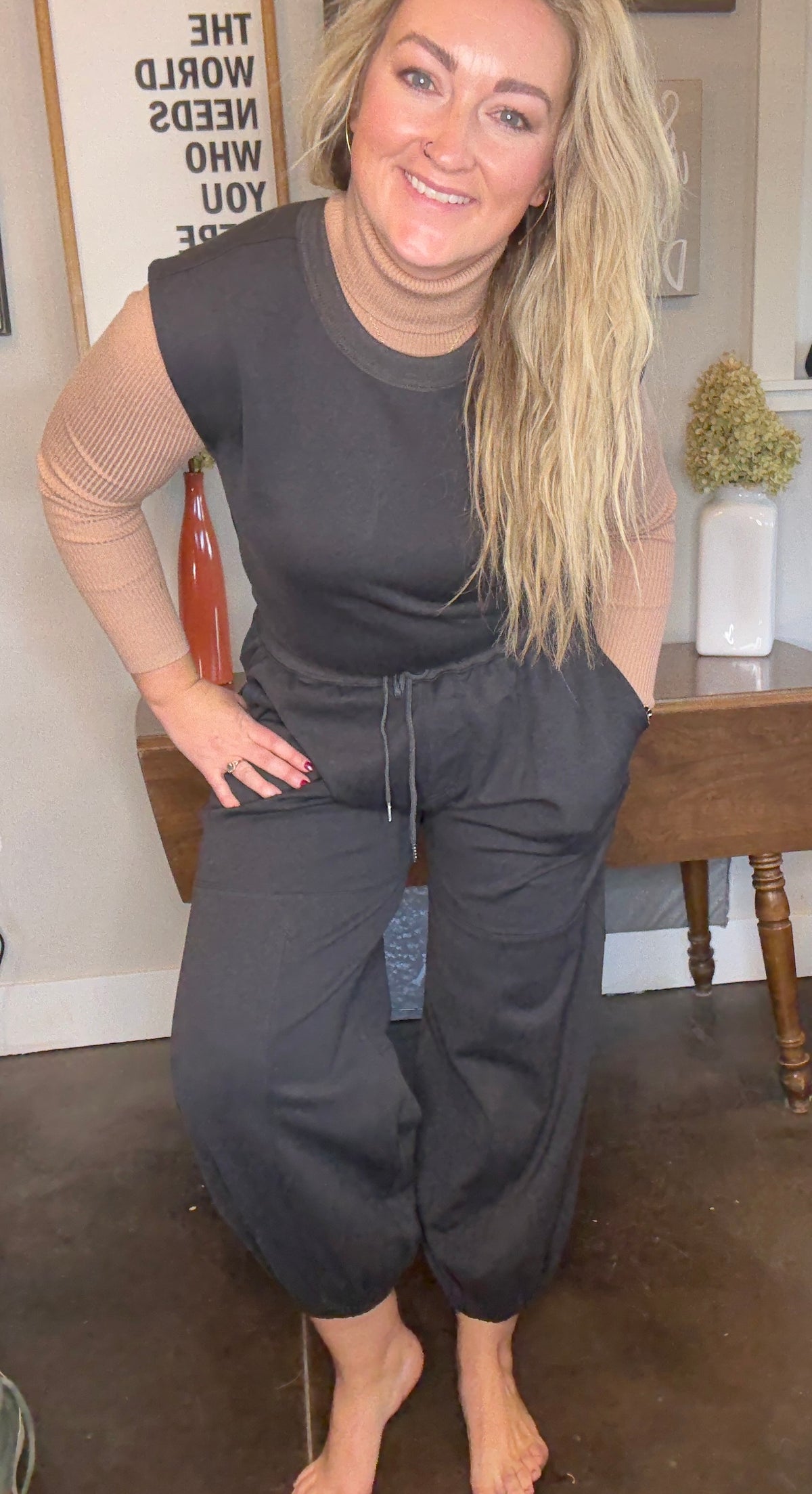 Front View.  Black Sleeveless Active Jumpsuit. 29eleven | Women’s Fashion Boutique in Menan, Idaho