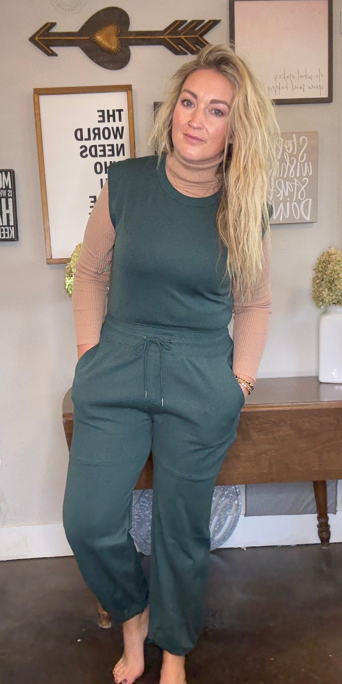 Front View.  Green Sleeveless Active Jumpsuit. 29eleven | Women’s Fashion Boutique in Menan, Idaho