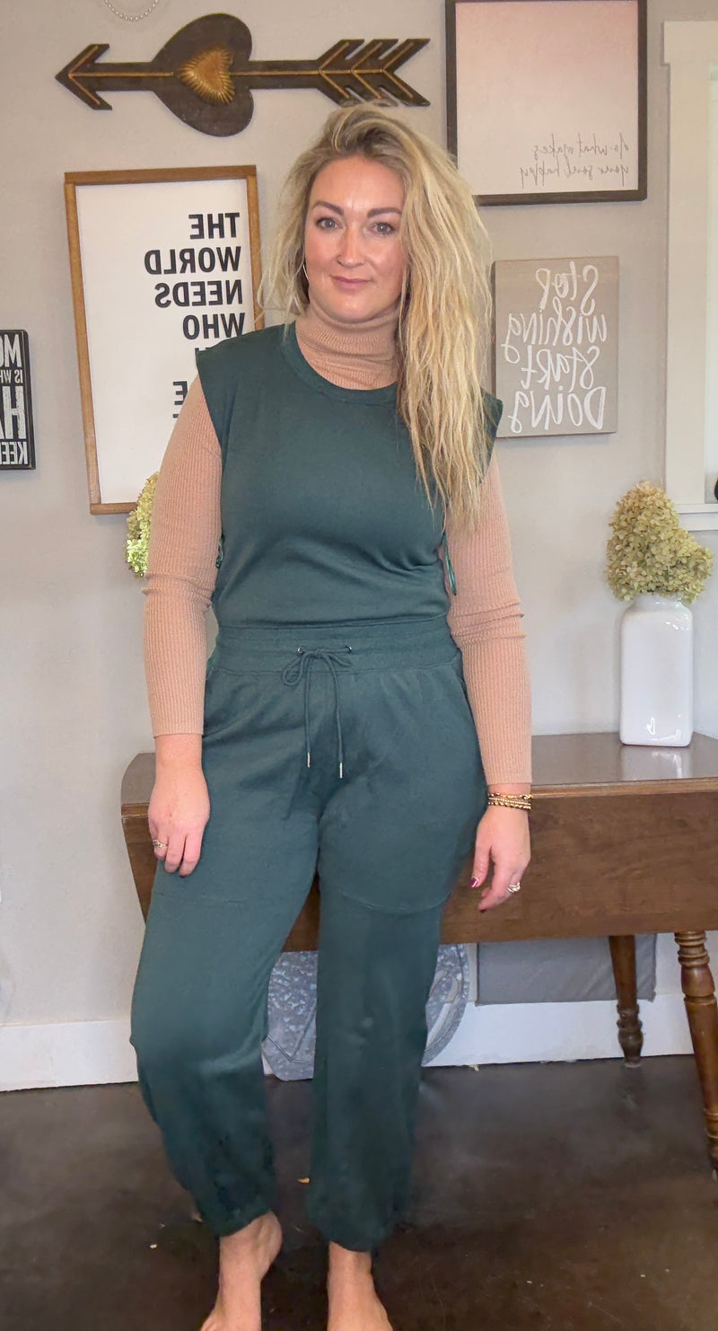 Front View.  Green Sleeveless Active Jumpsuit. 29eleven | Women’s Fashion Boutique in Menan, Idaho