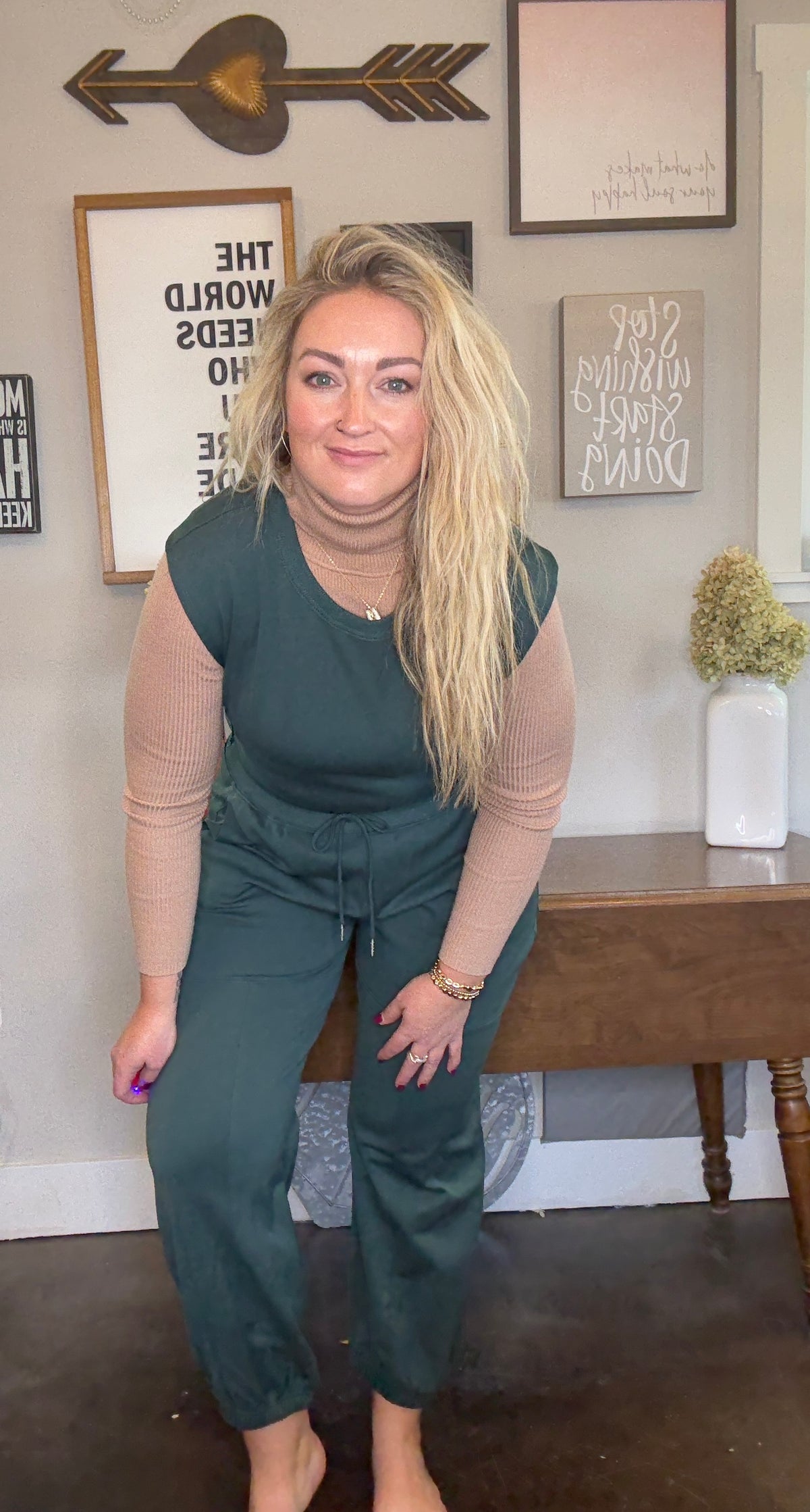 Front View.  Green Sleeveless Active Jumpsuit. 29eleven | Women’s Fashion Boutique in Menan, Idaho