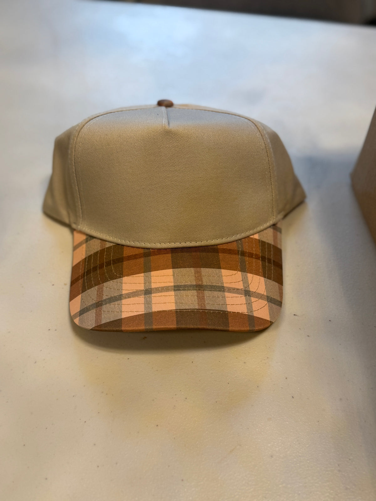 Front View.  Tan Plaid Bill Plain Baseball Cap. 29eleven | Women’s Fashion Boutique in Menan, Idaho