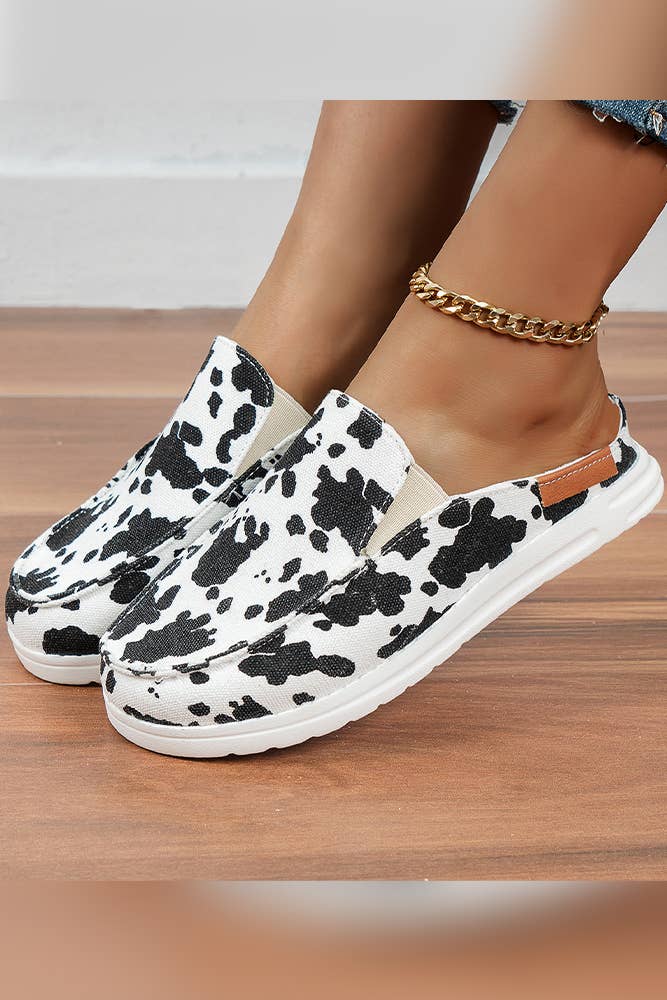 Front View! Cow print Slip Ons-UNISHE-29eleven | Women’s Fashion Boutique in Menan, Idaho